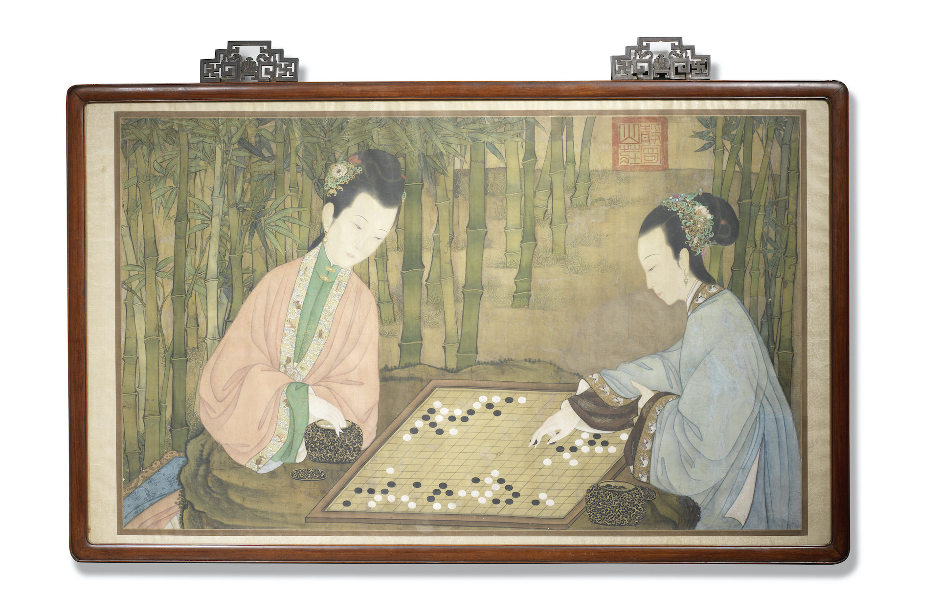 A LARGE COURT PAINTING OF LADIES PLAYING CHESS, 18th century, Including the frame: 155cm (61in) wide x 99cm (39in) high. £60,000-80,000 A LARGE COURT PAINTING OF LADIES PLAYING CHESS, 18th century, Including the frame: 155cm (61in) wide x 99cm (39in) high. £60,000-80,000