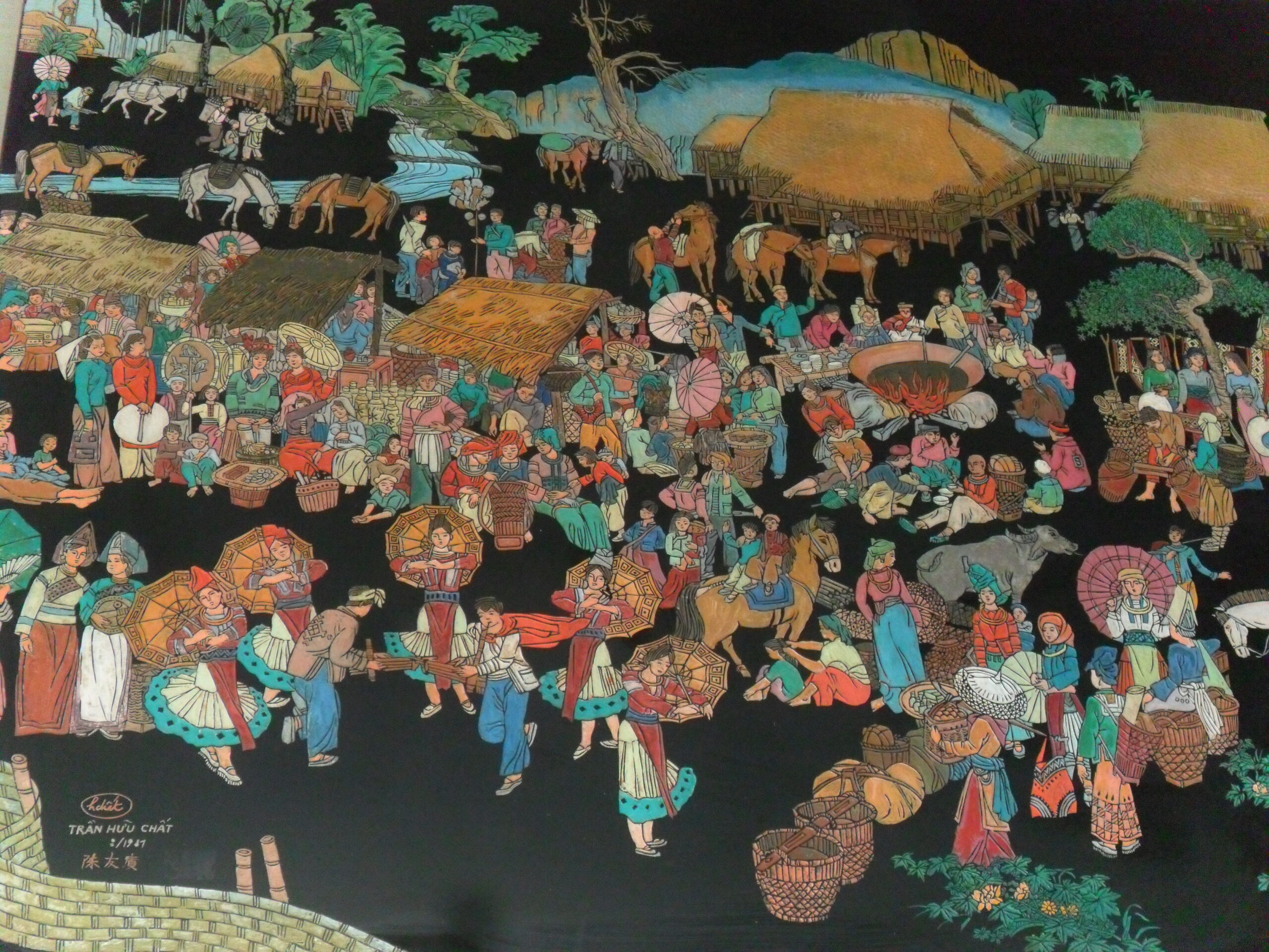 tran huu chat Bac Ha village carved lacquer on wood 1981 100 x 150 gbp 3500